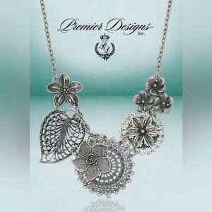 Premier Designs Botanical Floral Necklace & Earrings Silver Set